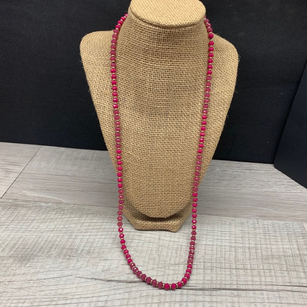 Magenta Pink Faceted Bead Long Strand Necklace Gold Tone Spacer Accents 28 Inch